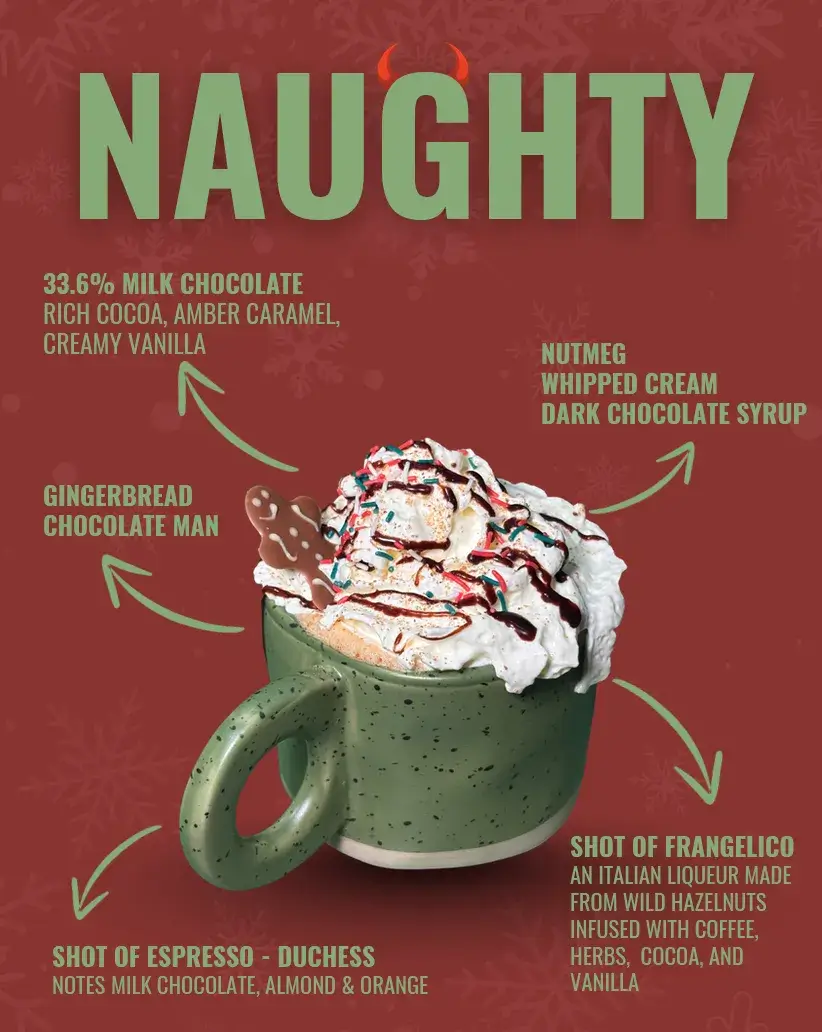 Naughty — milk chocolate hot chocolate with frangelico and espresso